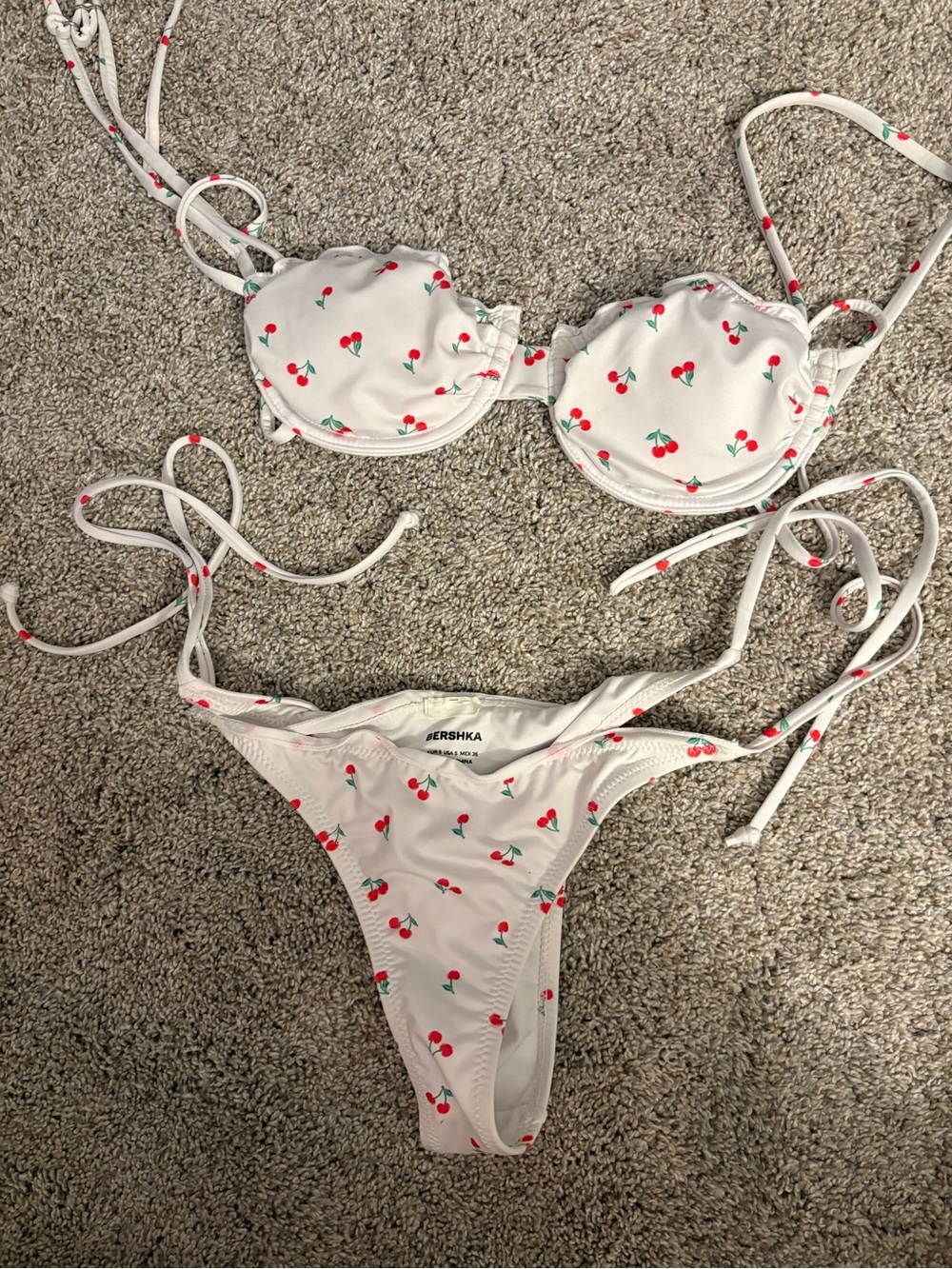 Bershka White Bikini with Red Cherry Print